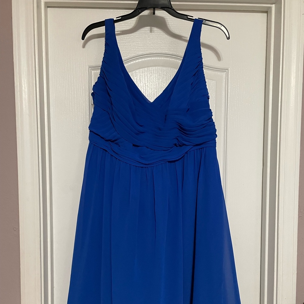 David’s Bridal cobalt cross cross detail short bridesmaid dress